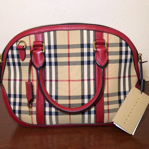 BURBERRY Horseferry Checkered Canvas and Leather Tote Bowling Bag Red/Beige - Picture 3 of 16